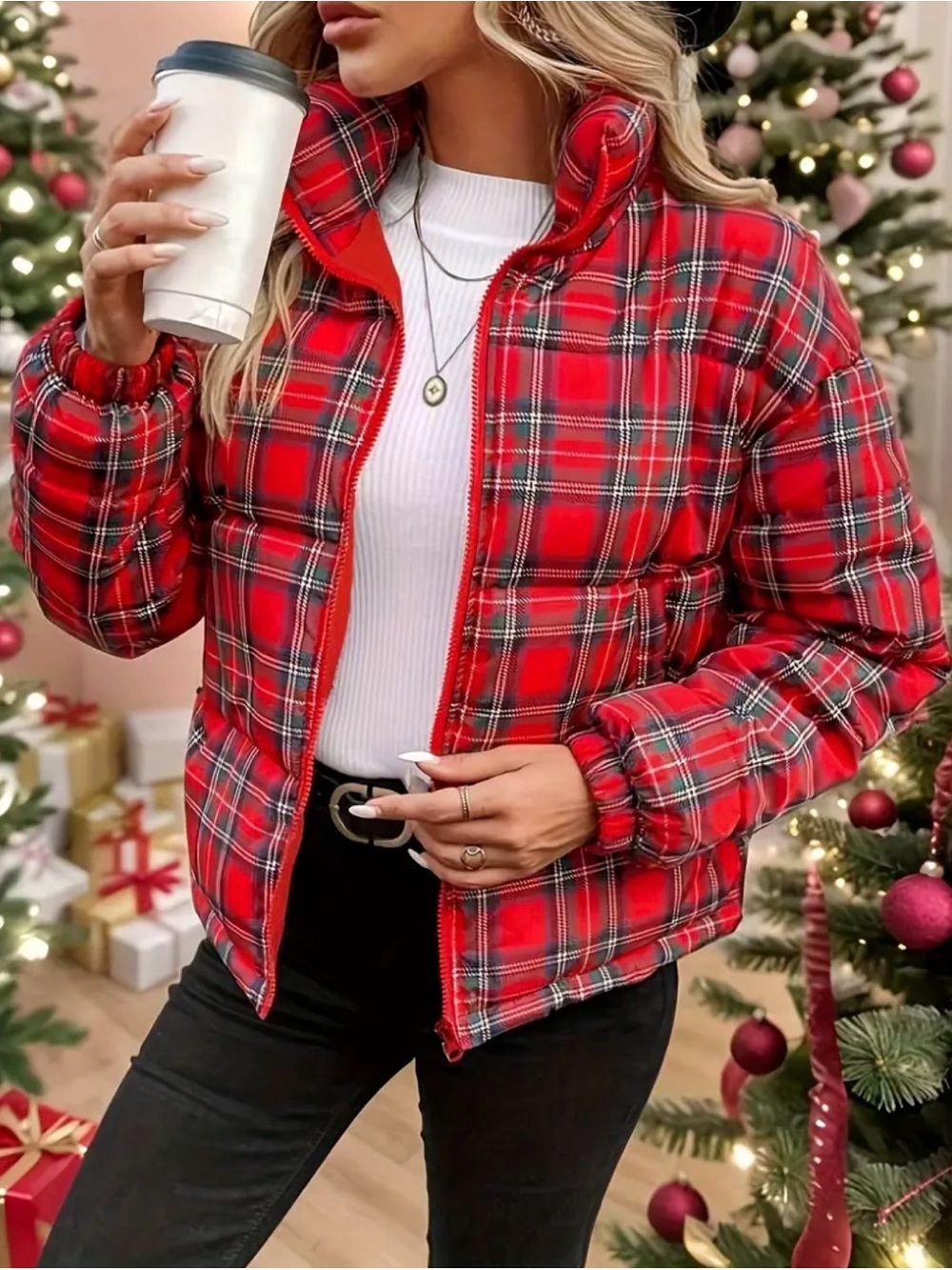 Red checkered puffer jacket